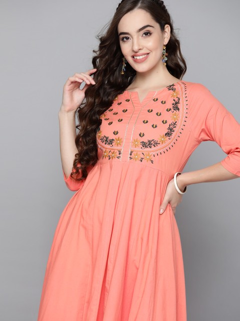 

HERE&NOW Women Coral Pink Ethnic Motifs Yoke Design Pure Cotton Thread Work Kurta