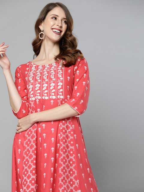 

HERE&NOW Women Pink & White Ethnic Motifs Printed Thread Work Cotton Kurta