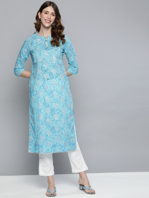 

HERE&NOW Women Blue & Beige Pure Cotton Printed Gotta Patti Kurta