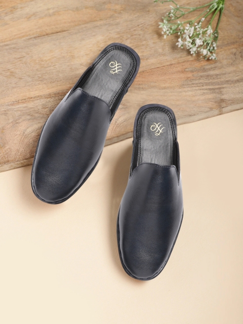 

House of Pataudi Men Navy Blue Leather Handcrafted Mules