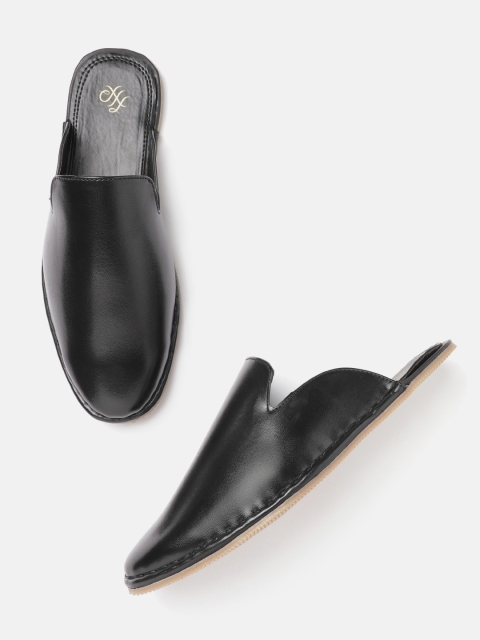 

House of Pataudi Men Black Leather Handcrafted Mules