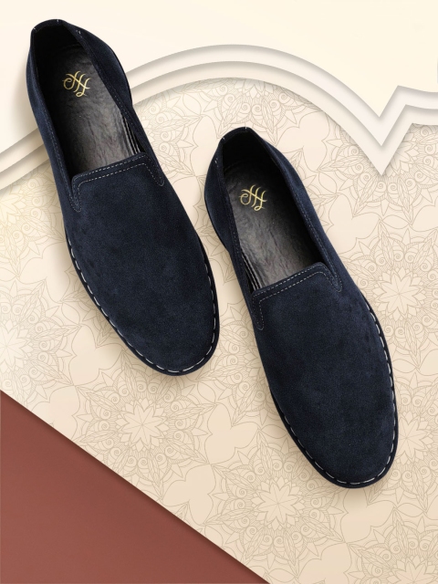 

House of Pataudi Men Navy Blue Suede Handcrafted Slip-On Sneakers