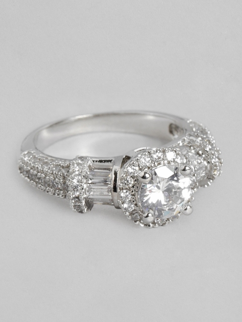Peora Silver-Plated White Cubic Zirconia Solitaire Elegant Finger Ring