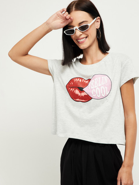 

max Women Grey Melange & Pink Printed T-shirt