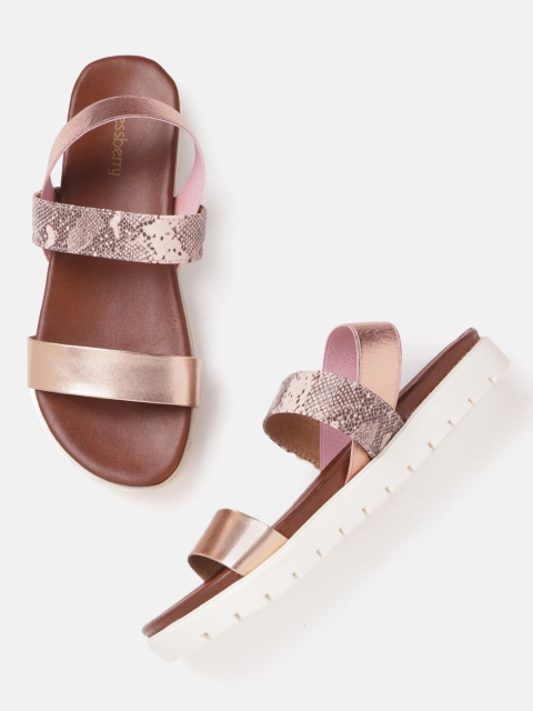 

DressBerry Women Rose Gold-Toned & Charcoal Grey Snakeskin Textured Open Toe Flats
