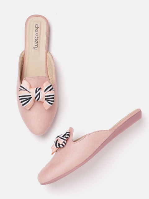 

DressBerry Women Peach-Coloured & Black Solid Suede Finish Mules with Striped Bow Detail