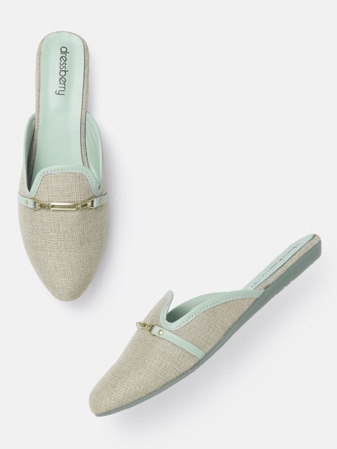 

DressBerry Women Mint Green & Gold-Toned Woven Design Mules