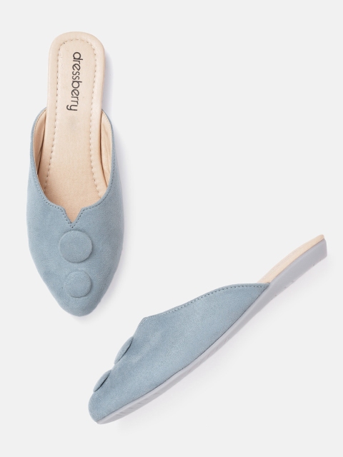 

DressBerry Women Blue Solid Mules with Button Detail