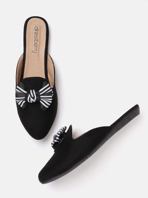 

DressBerry Women Black & White Solid Suede Finish Mules with Striped Bow Detail