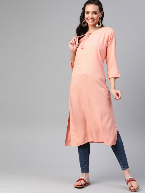

HERE&NOW Women Peach-Coloured Solid Straight Kurta