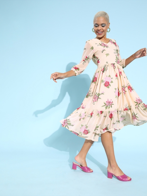 

HERE&NOW Women Attractive Peach Floral Waisted Dress