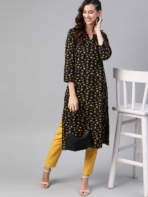 

HERE&NOW Women Black & Yellow Floral Printed Kurta