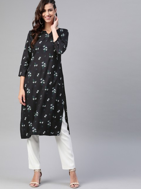 

HERE&NOW Women Black & Off White Floral Printed Kurta