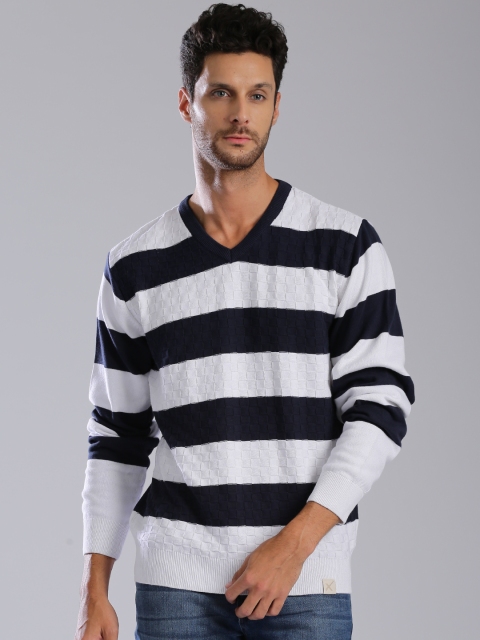 

HRX by Hrithik Roshan Men Navy & White Striped Sweater, Navy blue