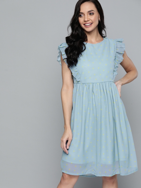 

HERE&NOW Blue & Fluorescent Green Polka Dot Gathered Ruffled A-Line Dress