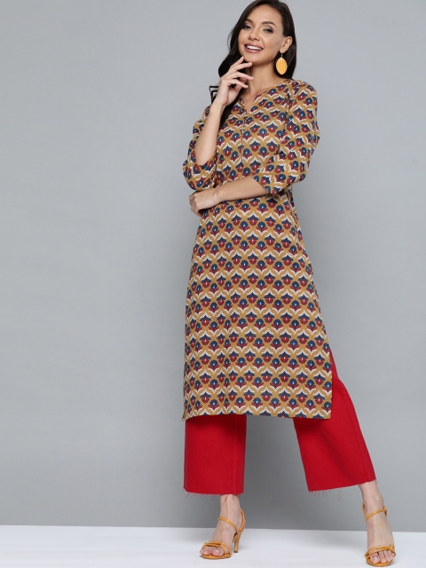 

HERE&NOW Women Mustard Yellow & Blue Ethnic Motifs Printed Cotton Kurta