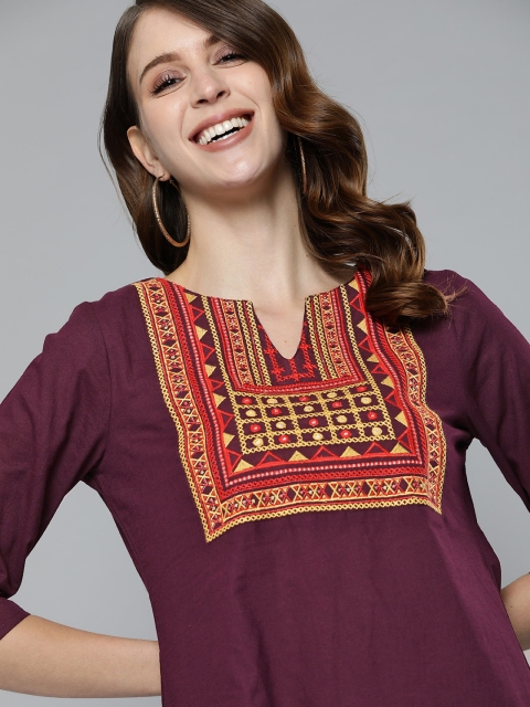 

HERE&NOW Women Burgundy Cotton Yoke Design Mirror Work Straight Kurta