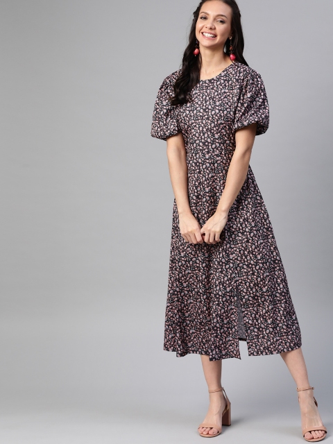 

HERE&NOW Black & Pink Floral A-Line Midi Dress
