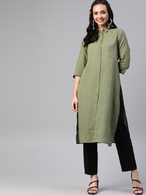 

HERE&NOW Women Olive Green Solid Pure Cotton Straight Kurta