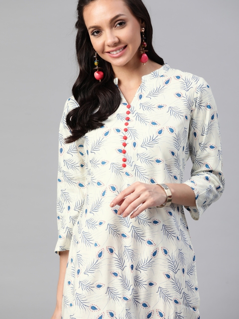 

HERE&NOW Women Off White & Navy Blue Floral Printed Kurta