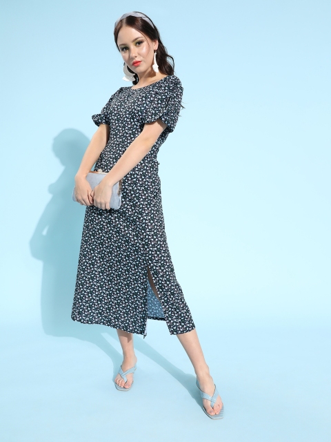 

HERE&NOW Black & Blue Floral Print A-Line Midi Dress