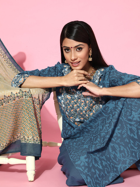 

Moda Rapido Women Blue Ethnic Yoke Design Thread Work Cotton Kurta with Palazzos & Dupatta