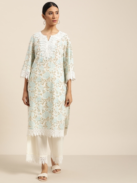 

Moda Rapido Women Off White Pure Cotton Floral Print Kurta with Palazzos