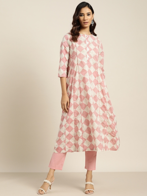 

Moda Rapido Women Pink & Cream-Coloured Geometric Print Pure Cotton Kurta with Trousers