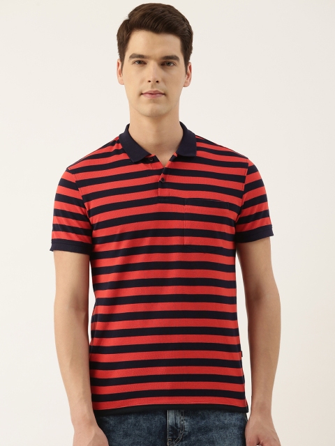 

Peter England Men Navy Blue & Orange Striped Polo Collar T-shirt