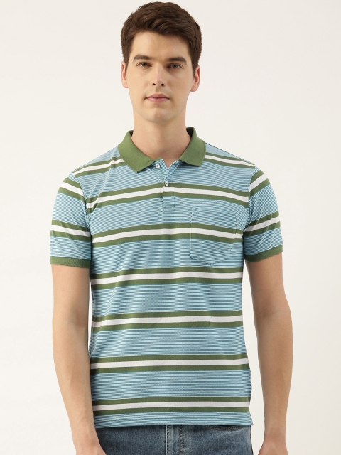 

Peter England Men Blue & Olive Green Striped Polo Collar T-shirt
