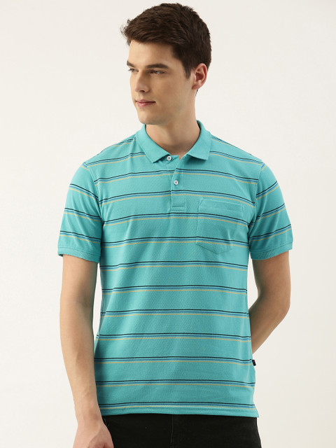 

Peter England Men Turquoise Blue & Yellow Striped Polo Collar T-shirt