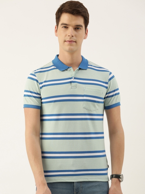

Peter England Men Sea Green & Blue Striped Polo Collar T-shirt
