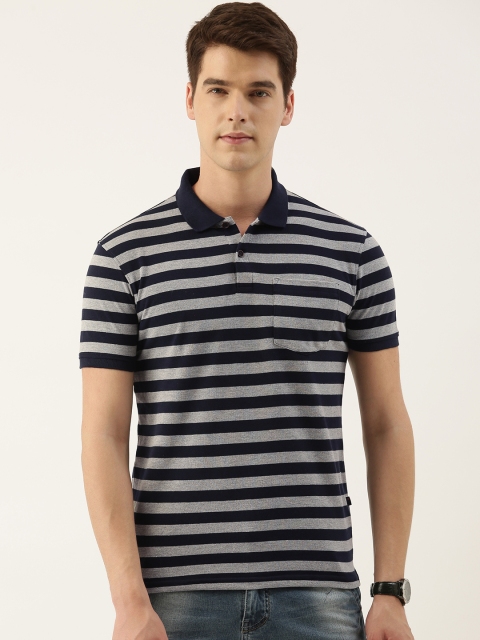 

Peter England Men Grey & Navy Blue Striped Polo Collar Slim Fit T-shirt