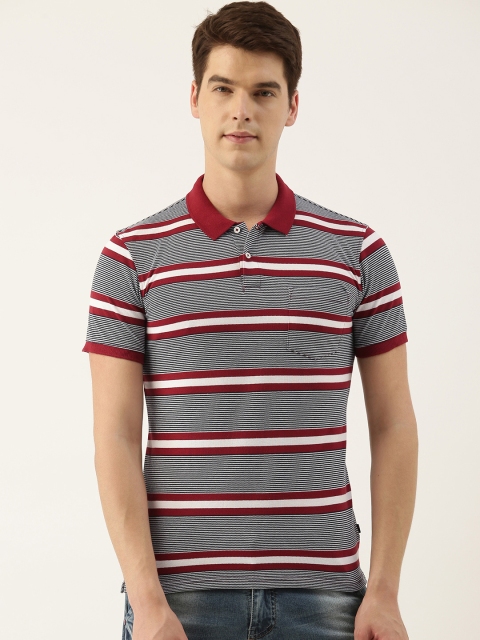 

Peter England Men Navy Blue & White Striped Polo Collar Slim Fit T-shirt