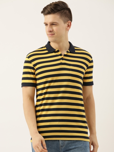 

Peter England Men Mustard Yellow & Navy Blue Striped Polo Collar T-shirt