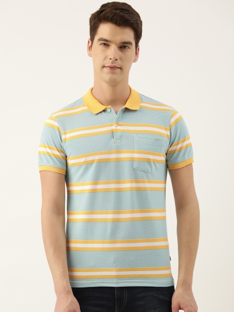 

Peter England Men Sea Green & Yellow Striped Polo Collar T-shirt