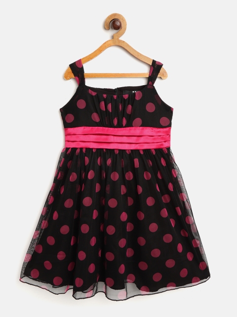 

HERE&NOW Girls Black & Pink Polka Dot Print Net Fit and Flare Dress