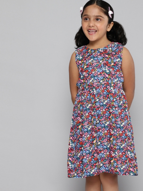 

HERE&NOW Girls Multicoloured Floral Print Peter Pan Collar A-Line Dress, Multi