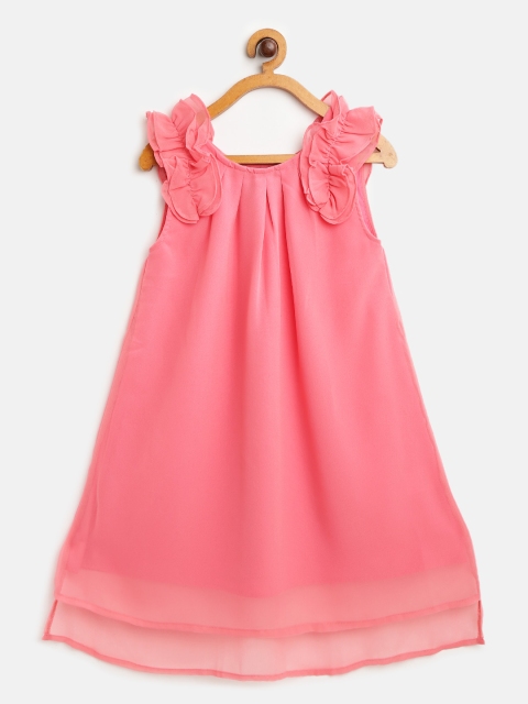 

HERE&NOW Girls Coral Pink Solid A-Line Dress with Ruffled Detail