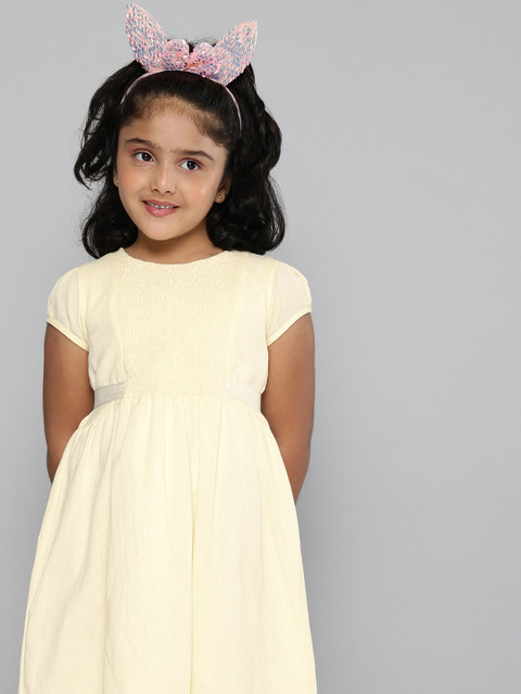 

HERE&NOW Girls Cream-Coloured Solid Smocked Pure Cotton A-Line Dress