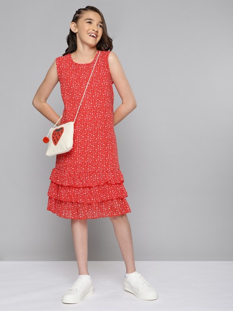 

HERE&NOW Girls Red & White Stars Print Sleeveless A-Line Dress