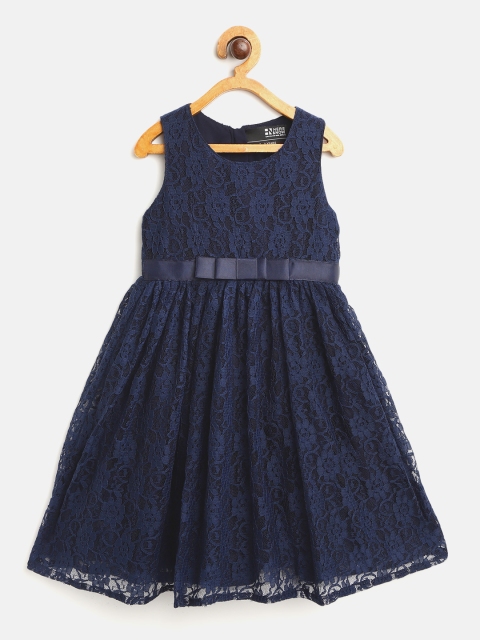 

HERE&NOW Girls Navy Blue Self Design Net Fit and Flare Dress