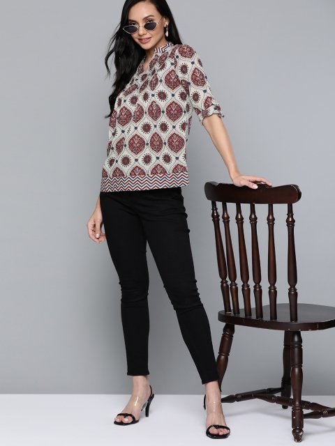 

HERE&NOW Off White & Maroon Pure Cotton Roll-Up Sleeves Regular Top