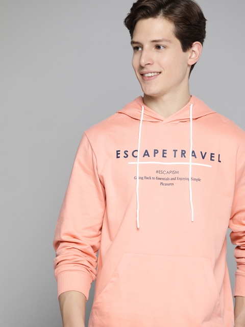 

Mast & Harbour Men Peach-Coloured & Navy Blue Typography Print Hooded Sweatshirt