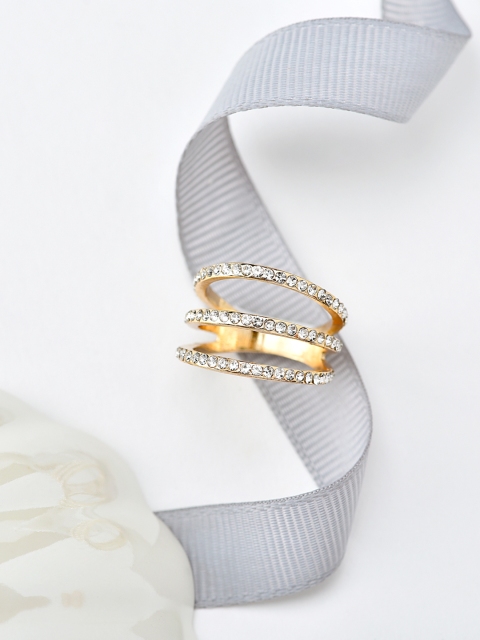 

Accessorize Gold-Plated White Crystal-Studded Pave 3 Bar Finger Ring