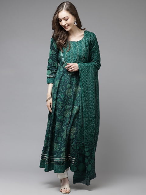 

Yufta Women Navy Blue & Green Ethnic Motifs Printed Pure Cotton Anarkali Kurta