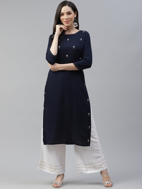 

Yufta Women Navy Blue Floral Embellished Indigo Kurta
