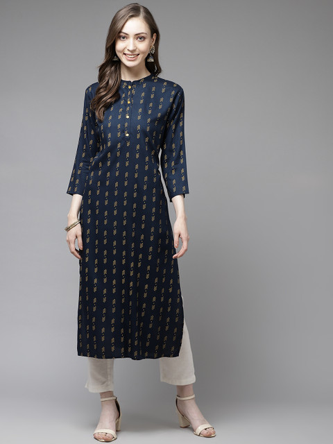 

Yufta Women Navy Blue & Golden Geometric Printed Kurta