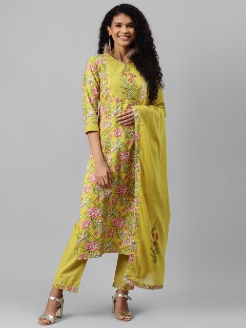 

Yufta Women Lime Green Floral Hand Block Printed Pure Cotton Kurta Set