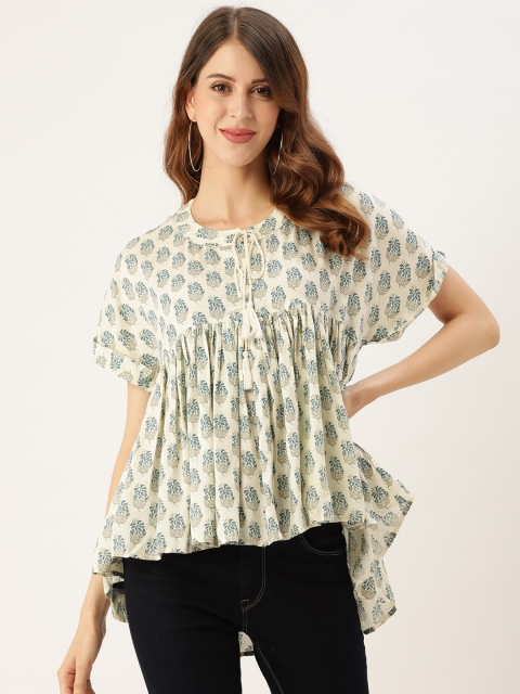 

aarke Ritu Kumar White & Blue Tie-Up Neck Gathered High-Low Longline Top